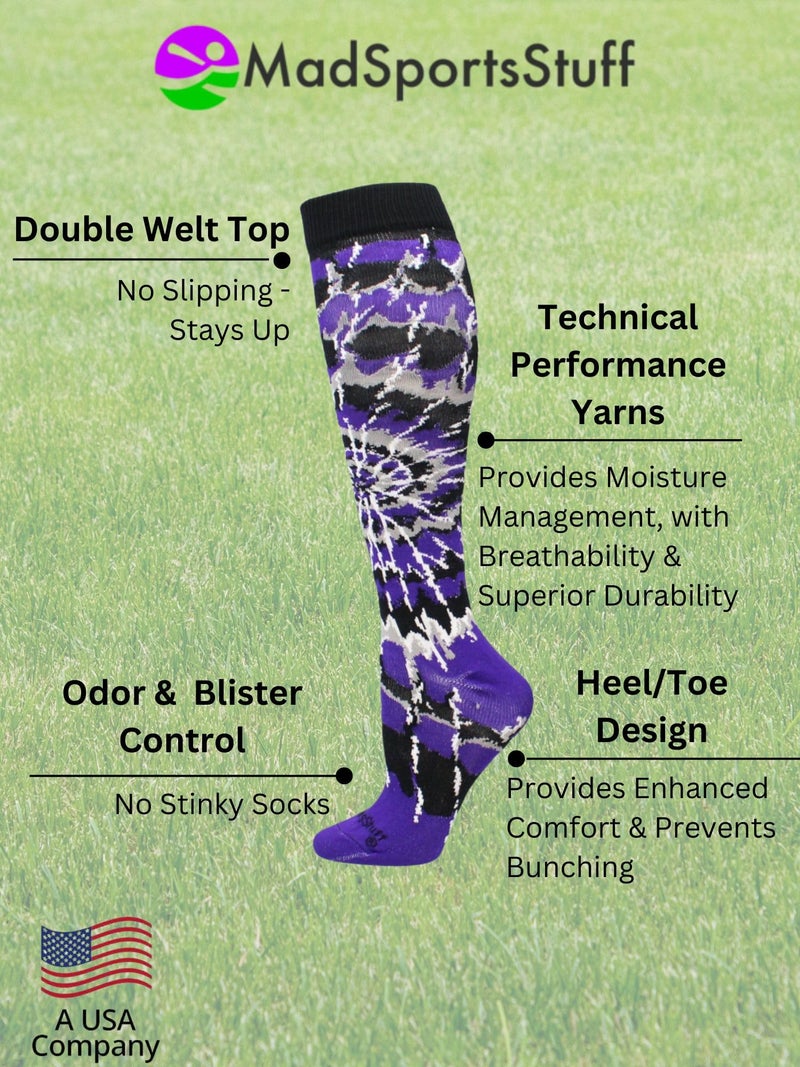 MadSportsStuff Crazy Tie Dye Socks Over the Calf (Purple/Black/White, Small) - Image 3